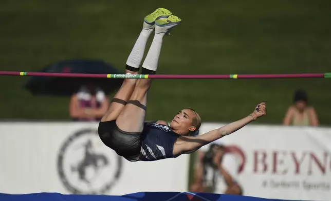 AB Hernandez, a transgender student at Jurupa Valley High School, competes in the high jump at the California high school track-and-field championships in Clovis, Calif., Saturday, May 31, 2025. (AP Photo/Jae C. Hong)