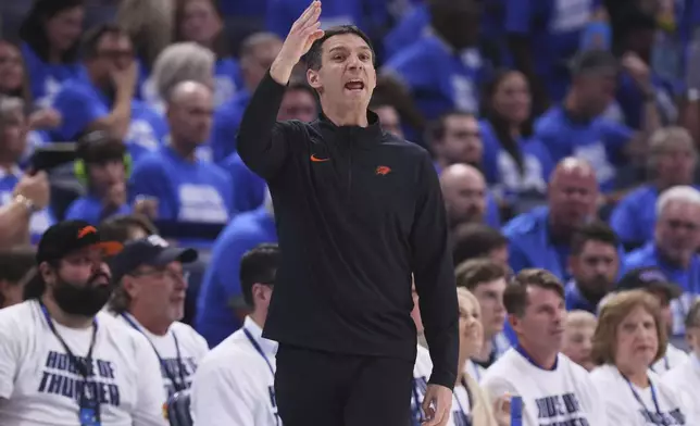 Oklahoma City Thunder head coach Mark Daigneault reacts during the second half of Game 5 of the Western Conference finals of the NBA basketball playoffs against the Minnesota Timberwolves, Wednesday, May 28, 2025, in Oklahoma City. (AP Photo/Nate Billings)