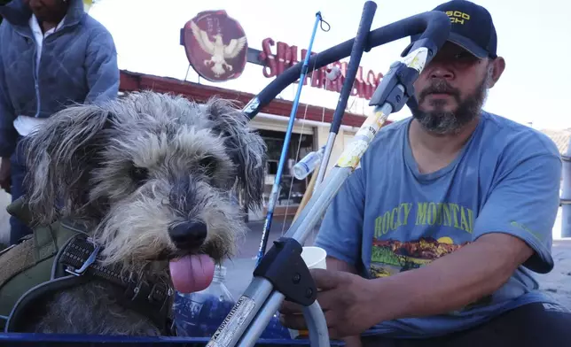 Immigrant Humberto Altamirano, with his dog, Dido, comments on the immigration enforcement in Los Angeles, Monday, June 16, 2025. (AP Photo/Damian Dovarganes)