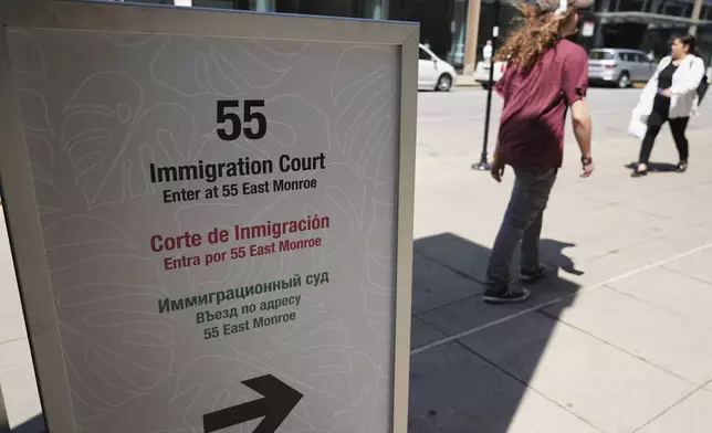 A sign of Immigration Court is displayed outside of Immigration Court, Monday, June 16, 2025, in Chicago. (AP Photo/Nam Y. Huh)
