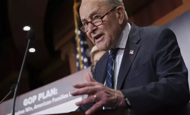 Senate Minority Leader Chuck Schumer, D-N.Y., talks to reporters about Senate Republicans' efforts to pass President Donald Trump's tax cut and spending agenda with deeper Medicaid cuts, at the Capitol in Washington, Wednesday, June 18, 2025. (AP Photo/J. Scott Applewhite)