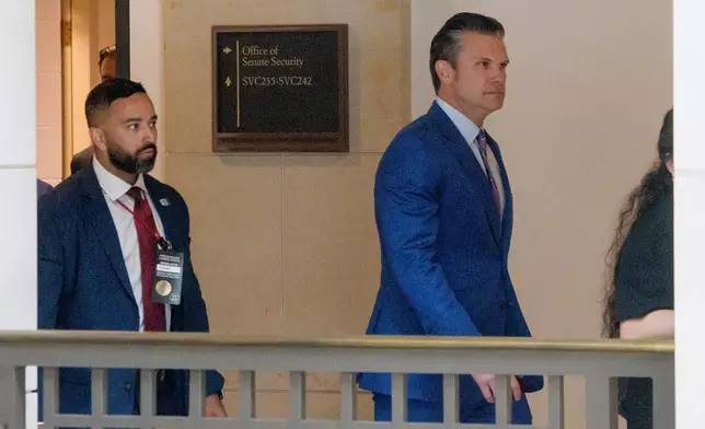 Defense Secretary Pete Hegseth arrives for a classified briefing for senators at the Capitol on Capitol Hill, Thursday, June 26, 2025, in Washington. (AP Photo/Rod Lamkey, Jr.)