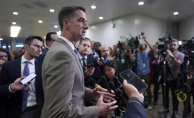 Sen. Tom Cotton, R-Ark., takes questions from reporters as senators depart a classified briefing on President Donald Trump's directed strikes on Iranian nuclear facilities last weekend, at the Capitol in Washington, Thursday, June 26, 2025. (AP Photo/J. Scott Applewhite)
