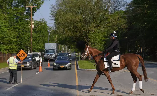 Car traffic is halted so a horse can cross the street at Saratoga Race Track in Saratoga Springs, N.Y., Thursday, June 5, 2025. (AP Photo/Seth Wenig)