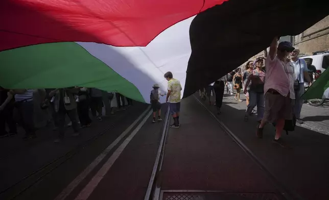 Protesters gather for a pro-Palestinian demonstration in Rome, Saturday, June 7, 2025. (AP Photo/Alessandra Tarantino)
