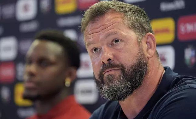 British Lions Head Coach Andy Farrell listens, during a media day at the Aviva Stadium in Dublin, Ireland, Wednesday June 18, 2025. (Brian Lawless/PA via AP)