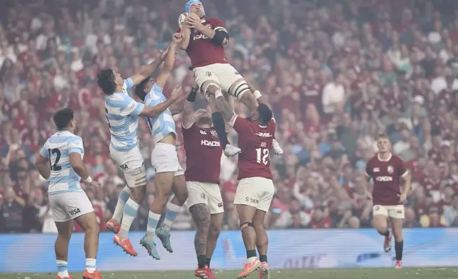 Lions' Tadhg Beirne, collects the ball at a line out during the Rugby Union international match between the British and Irish Lions and Argentina, at the Aviva Stadium in Dublin, Friday, June 20, 2025. (AP Photo/Peter Morrison)