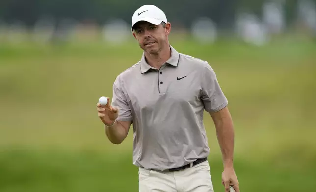 Rory McIlroy, of Northern Ireland, after sinking a putt on the eighth hole during the third round of the U.S. Open golf tournament at Oakmont Country Club Saturday, June 14, 2025, in Oakmont, Pa. (AP Photo/Carolyn Kaster)