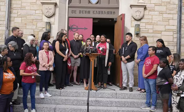 Jennifer Vasquez Sura, wife of Kilmar Abrego Garcia, speaks during a news conference on Friday, June 13, 2025 in Nashville, Tenn. (AP Photo/George Walker IV)