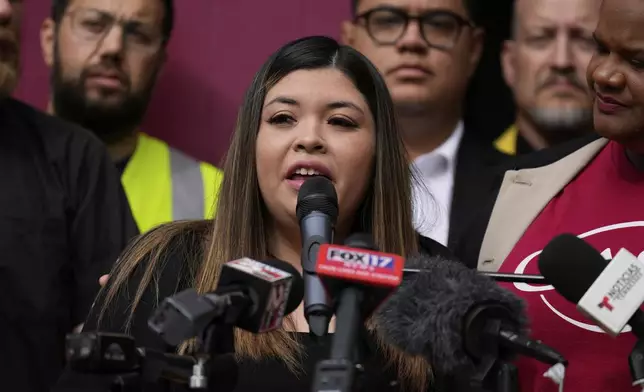 Jennifer Vasquez Sura, wife of Kilmar Abrego Garcia, speaks during a news conference on Friday, June 13, 2025 in Nashville, Tenn. (AP Photo/George Walker IV)