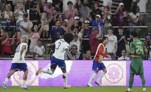 United States' Chris Richards (3) celebrates his goal against Saudi Arabia during a CONCACAF Gold Cup soccer match, Thursday, June 19, 2025, in Austin, Texas. (AP Photo/Eric Gay)