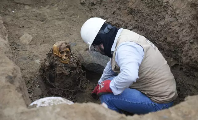 Archaeologist Jose Aliaga excavates an ancient mummy, which he said is a female from the pre-Inca Chancay culture, that was discovered by city workers who were digging a natural gas line for the company Calidda in the district of Puente Piedra on the outskirts of Lima, Peru, Wednesday, June 18, 2025. (AP Photo/Martin Mejia)