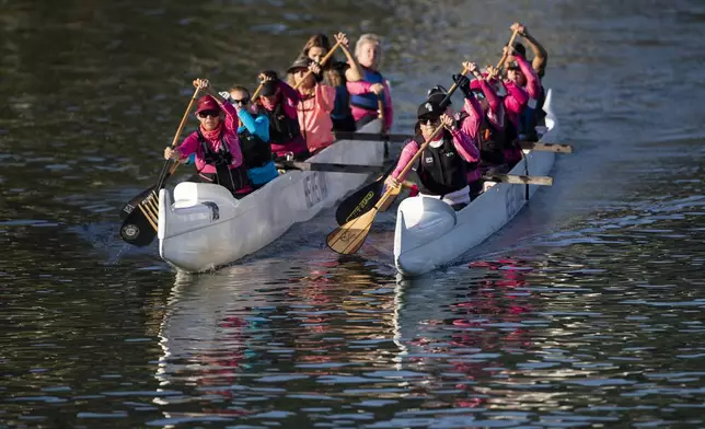 The Rosas Va'a Hawaiian canoeing team, whose members are women who have undergone cancer treatment, train near Charitas Beach in Niteroi, Rio de Janeiro state, Thursday, June 26, 2025. (AP Photo/Bruna Prado)