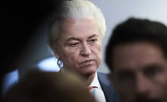Far-right lawmaker Geert Wilders appears after pulling his party out of the four-party Dutch coalition in The Hague, Netherlands, Tuesday, June 3, 2025. (AP Photo/Peter Dejong)
