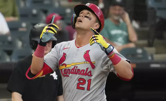 St. Louis Cardinals' Lars Nootbaar celebrates after hitting a solo home run during the 10th inning in the second baseball game of a doubleheader against the Chicago White Sox, Thursday, June 19, 2025. (AP Photo/Nam Y. Huh)