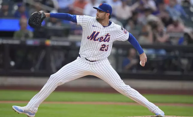 New York Mets' David Peterson pitches during the first inning of a baseball game against the Washington Nationals Wednesday, June 11, 2025, in New York. (AP Photo/Frank Franklin II)