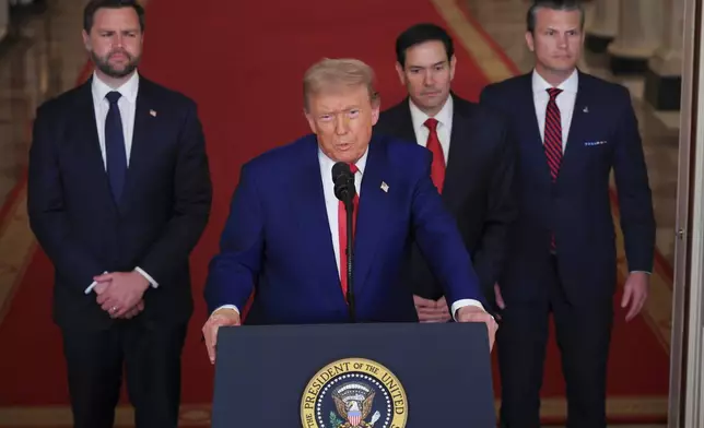 President Donald Trump speaks from the East Room of the White House in Washington, Saturday, June 21, 2025, after the U.S. military struck three Iranian nuclear and military sites, directly joining Israel's effort to decapitate the country's nuclear program, as Vice President JD Vance, Secretary of State Marco Rubio and Defense Secretary Pete Hegseth listen. (Carlos Barria/Pool via AP)