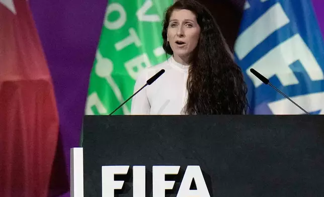 FILE - Norwegian federation president Lise Klaveness speaks during the FIFA congress at the Doha Exhibition and Convention Center in Doha, Qatar, on March 31, 2022. (AP Photo/Hassan Ammar, File)
