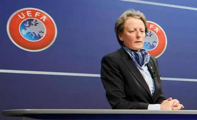 FILE Chairwoman UEFA Women's Football Committee Karen Espelund, of Norway, looks on during the drawing of the matches for the 2017-19 European Qualifying Competition for the Women's Soccer World Cup at the UEFA Headquarters in Nyon, Switzerland, Tuesday, April 25, 2017. (Salvatore Di Nolfi/Keystone via AP)