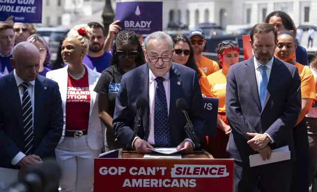 Senate Minority Leader Chuck Schumer, D-N.Y., speaks at a news conference on President Donald Trump's spending and tax bill, Thursday, June 12, 2025, outside the U.S. Capitol in Washington. (AP Photo/Julia Demaree Nikhinson)