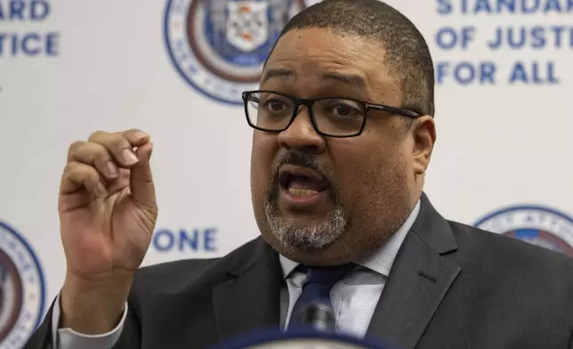 Manhattan District Attorney Alvin Bragg speaks during a news conference, Thursday, June 12, 2025 in New York. (AP Photo/Yuki Iwamura, Pool)