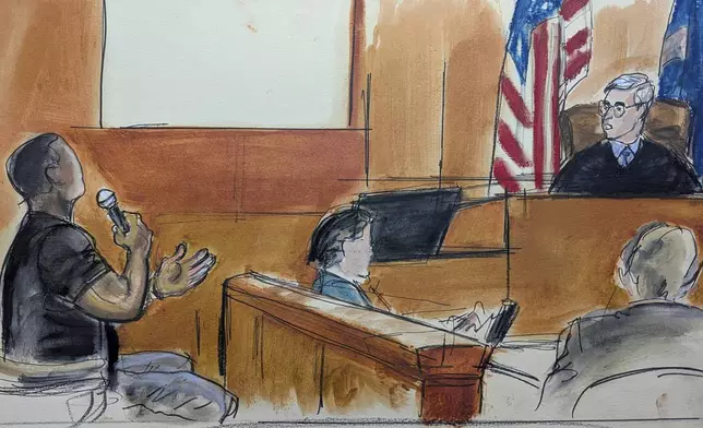 Juror number one, left, speaks to Judge Curtis Farber regarding the dynamic in the jury room during Harvey Weinstein's sexual misconduct trial in Manhattan criminal court, Wednesday, June 11, 2025, in New York. (Elizabeth Williams via AP)