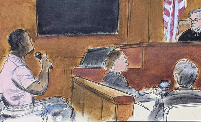 Judge Curtis Farber, far right, questions Juror number one, far left, asking him if he is willing to continue to deliberate on the remaining rape charge during Harvey Weinstein's sexual misconduct trial in Manhattan criminal court, Thursday, June 12, 2025, in New York. (Elizabeth Williams via AP)