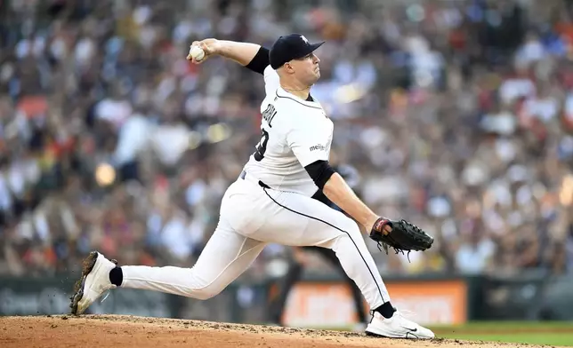 Detroit Tigers starting pitcher Tarik Skubal throws during the third inning of a baseball game against the Minnesota Twins, Sunday, June 29, 2025, in Detroit. (AP Photo/Jose Juarez)