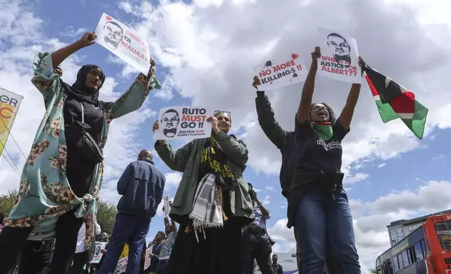 Demonstrators react to the death of Kenyan blogger Albert Ojwang, who died while in police custody, in Nairobi, Monday, June 9, 2025. (AP Photo/Andrew Kasuku)