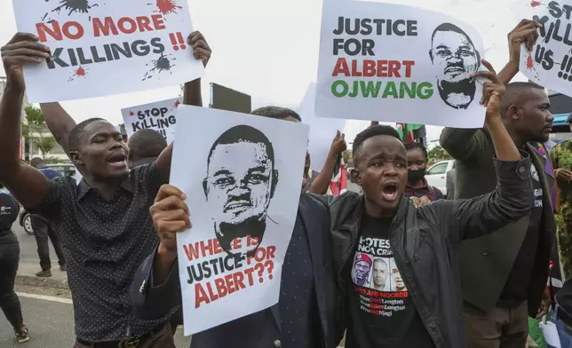 Demonstrators react to the death of Kenyan blogger Albert Ojwang, who died while in police custody, in Nairobi, Monday, June 9, 2025. (AP Photo/Andrew Kasuku)