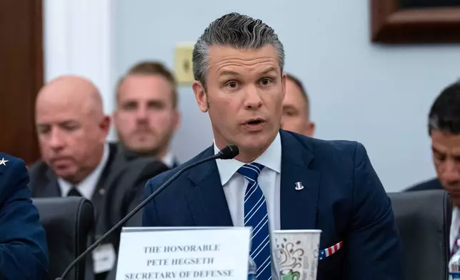 Department of Defense Secretary Pete Hegseth testifies before the House Committee on Appropriations subcommittee oversight hearing on the Department of Defense, on Capitol Hill in Washington, Tuesday, June 10, 2025. (AP Photo/Jose Luis Magana)
