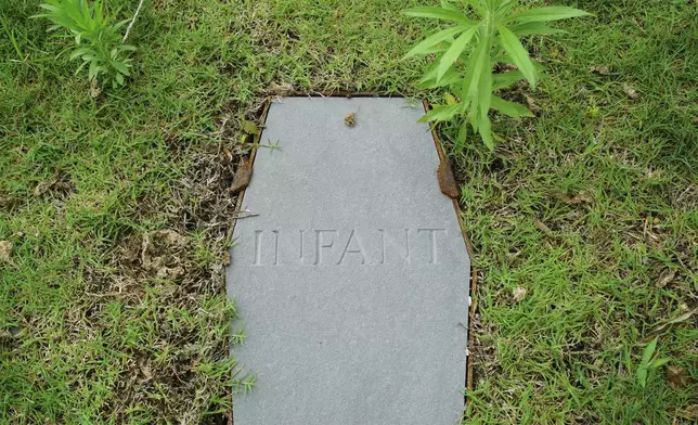 A casket-shaped stone marks an infant's grave at the original site of the First Baptist Church of Williamsburg in Williamsburg, Va., on May 30, 2025. (AP Photo/Allen G. Breed)