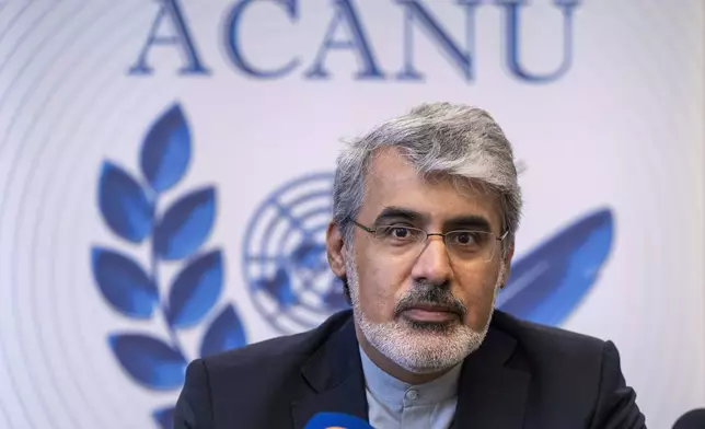 Ali Bahreini, Iran's ambassador in Geneva, speaks to journalists during a press conference at the European headquarters of the United Nations in Geneva, Switzerland, Wednesday, June 18, 2025. (Martial Trezzini/Keystone via AP)