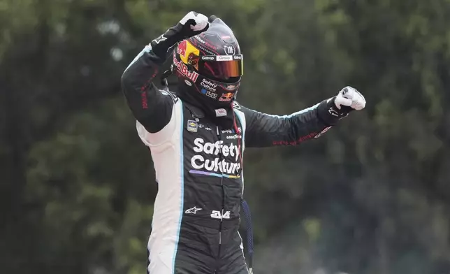 Shane Van Gisbergen celebrates after winning a NASCAR Cup Series auto race at Hermanos Rodríguez race track in Mexico City, Sunday, June 15, 2025. (AP Photo/Fernando Llano)