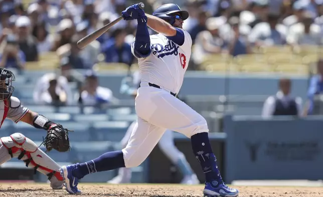 Los Angeles Dodgers' Max Muncy follows through on a grand slam during the sixth inning of a baseball game against the Washington Nationals in Los Angeles, Sunday, June 22, 2025. (AP Photo/Jessie Alcheh)