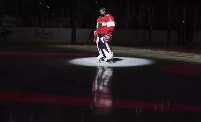 Florida Panthers goaltender Sergei Bobrovsky (72) stands on the ice before the start of Game 3 of the NHL Stanley Cup final against the Edmonton Oilers Monday, June 9, 2025, in Sunrise, Fla. (AP Photo/Lynne Sladky)