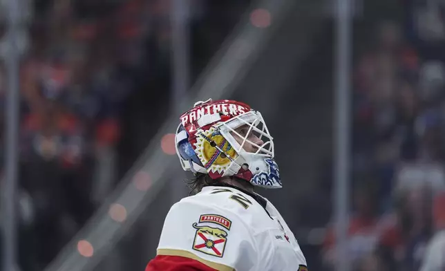 Florida Panthers goalie Sergei Bobrovsky looks on during a stoppage in play during the second period in Game 2 of the NHL Stanley Cup Final against the Edmonton Oilers, in Edmonton, on Friday, June 6, 2025. (Darryl Dyck/The Canadian Press via AP)