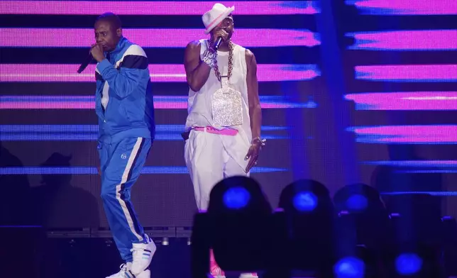 FILE - Rappers Doug E. Fresh, left, and Slick Rick perform at Hip-Hop 50 Live, celebrating 50 years of hip-hop at Yankee Stadium in the Bronx borough of New York on Aug. 11, 2023. (Photo by Scott Roth/Invision/AP, File)