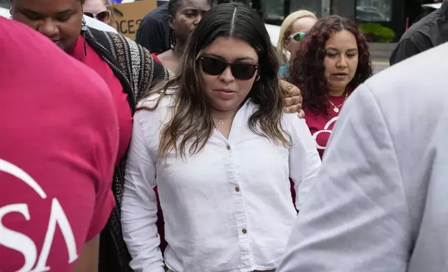 Jennifer Vasquez Sura, wife of Kilmar Abrego Garcia arrives at the federal courthouse, Wednesday, June 25, 2025, in Nashville, Tenn. (AP Photo/George Walker IV)