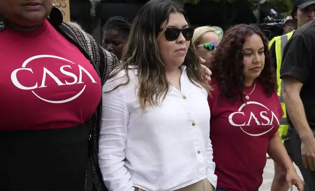 Jennifer Vasquez Sura, wife of Kilmar Abrego Garcia, arrives at the federal courthouse, Wednesday, June 25, 2025, in Nashville, Tenn. (AP Photo/George Walker IV)