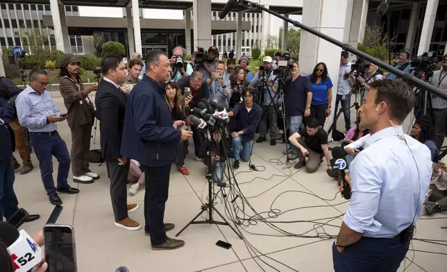 Sen. Alex Padilla, D-Calif., speaks to media after leaving the Federal Building after he was forcibly removed from a news conference with Homeland Security Secretary Kristi Noem in Los Angeles on Thursday, June 12, 2025. (David Crane/The Orange County Register via AP)
