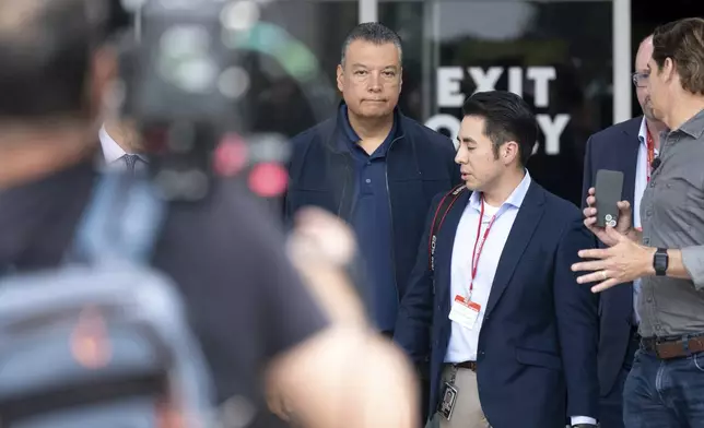 Sen. Alex Padilla, D-Calif., emerges from the Federal Building after he was forcibly removed from a news conference with Homeland Security Secretary Kristi Noem in Los Angeles on Thursday, June 12, 2025. (David Crane/The Orange County Register via AP)