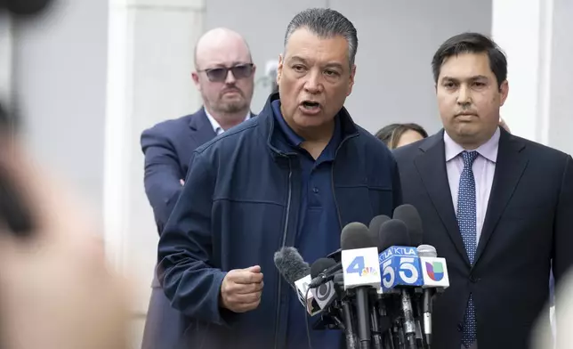 Sen. Alex Padilla, D-Calif., makes a brief statement to the media after leaving the Federal Building after he was forcibly removed from a news conference with Homeland Security Secretary Kristi Noem in Los Angeles on Thursday, June 12, 2025. (David Crane/The Orange County Register via AP)
