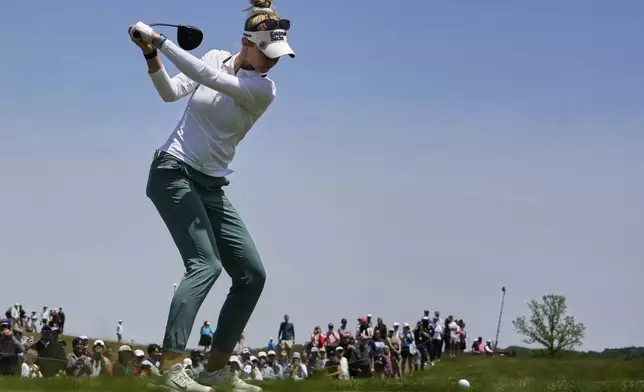 Nelly Korda hits from the fifth tee during the third round of the U.S. Women's Open golf tournament at Erin Hills Saturday, May 31, 2025, in Erin, Wis. (AP Photo/Matt York)