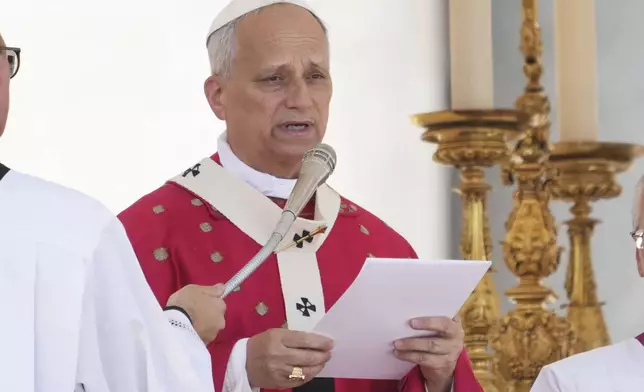 Pope Leo XIV delivers his speech as he celebrates a Mass for the Jubilee of New Religious Associations on Pentecost Day in St. Peter's Square at the Vatican, Sunday, June 8, 2025. (AP Photo/Andrew Medichini)