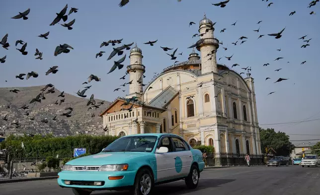 Pigeons fly outside the Shah-Do Shamshira Mosque during the Eid al-Adha prayer in Kabul, Afghanistan, Saturday, June 7, 2025. (AP Photo/Ebrahim Noroozi)