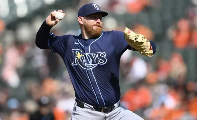 Tampa Bay Rays starting pitcher Zack Littell throws during the second inning of a baseball game against the Baltimore Orioles, Saturday, June 28, 2025, in Baltimore. (AP Photo/Nick Wass)