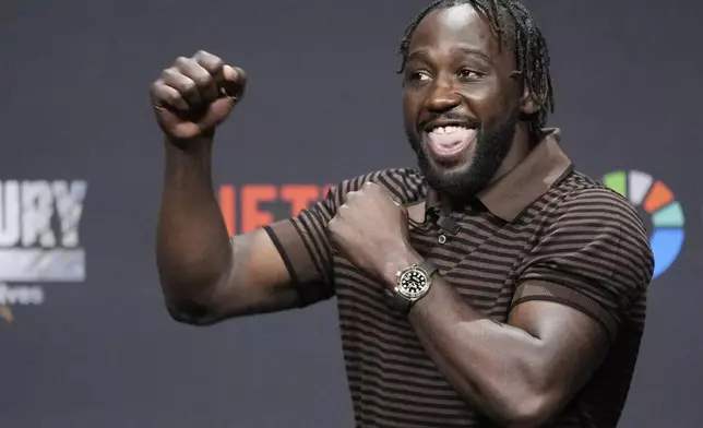 Terence Crawford motions during a news conference Friday, June 27, 2025, in Las Vegas. (AP Photo/John Locher)