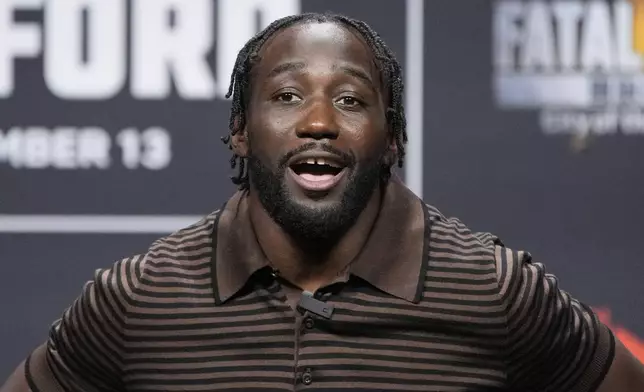 Terence Crawford speaks during a news conference Friday, June 27, 2025, in Las Vegas. (AP Photo/John Locher)