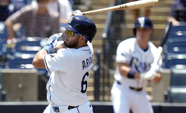 Tampa Bay Rays' Jonathan Aranda lines an RBI single off Miami Marlins pitcher Edward Cabrera during the first inning of a baseball game Friday, June 6, 2025, in Tampa, Fla. (AP Photo/Chris O'Meara)